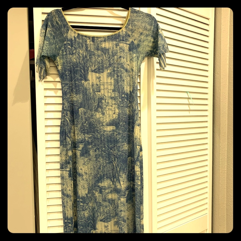 French countryside print boatneck midi dress